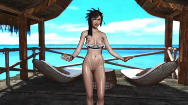 Skinny wet Tifa Lockhart in lowered bikini casually dancing on the beach